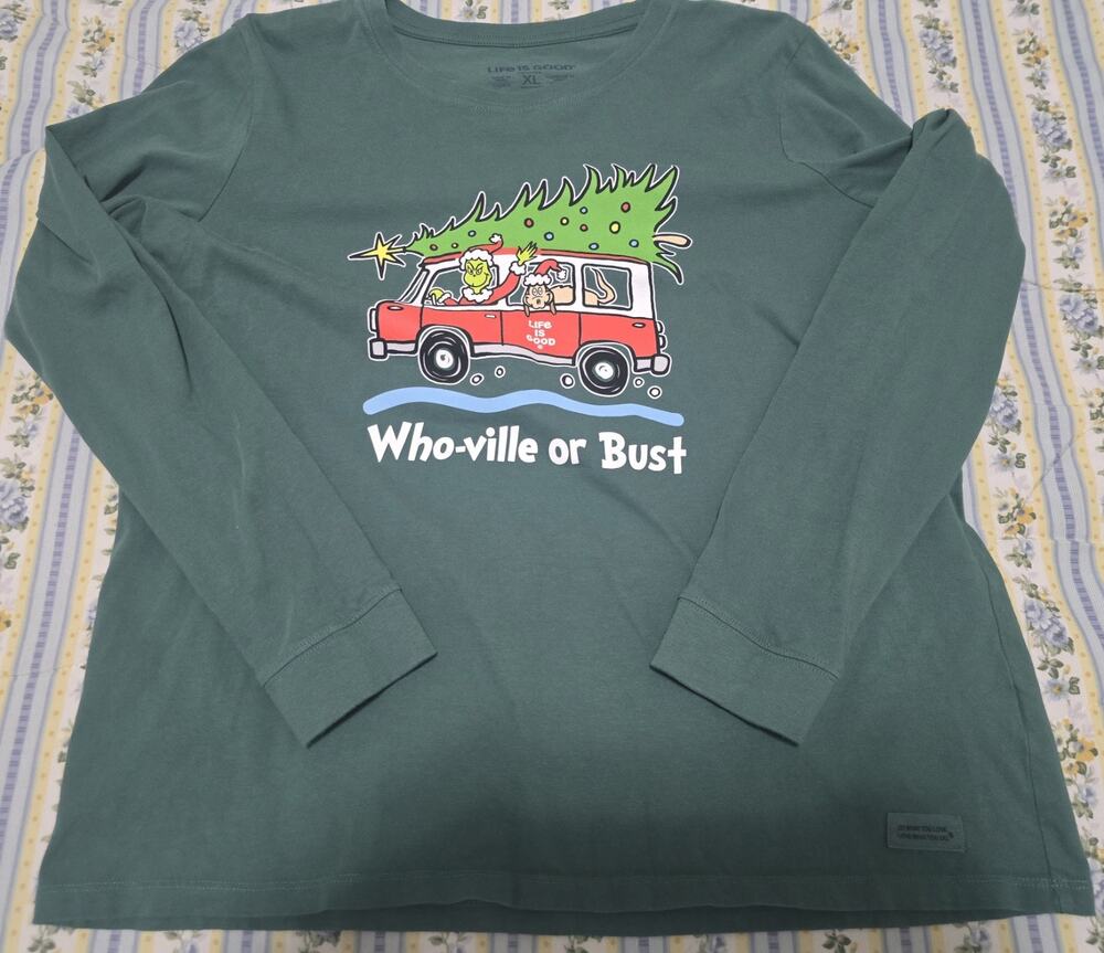 Life Is Good Long Sleeve T-Shirt Womens XL Grinch Who-ville or Bust Christmas